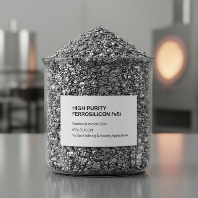 Hoge zuiverheid ferrosilicium FeSi met gecontroleerde deeltjesgrootte en 65% silicium voor toepassingen in de staalraffinage en -gieterij